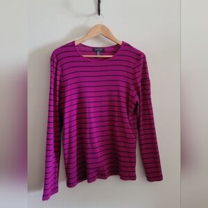 Ralph Lauren Thin Striped Cotton Long Sleeved Top, Women's XL, Purple & Black